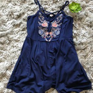 Navy Blue Floral Criss Cross Embroidered Romper